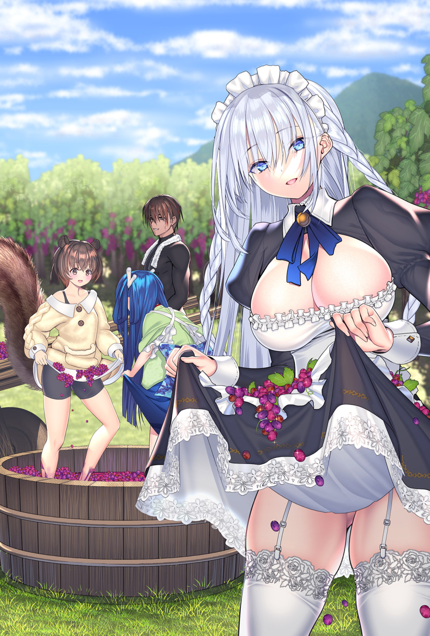 1boy 3girls animal_ears ass_visible_through_thighs black_shirt blue_eyes blue_hair blue_sky breasts brown_eyes brown_hair cleavage clothes_lift coffee_cat commentary_request cover cover_page cowboy_shot dress dress_lift food fruit garter_straps grape_stomping grapes grey_hair highres horns juliet_sleeves kabeyaku_nado_fuyou_to_tsuihou_sareta_s-kyuu_boukensha large_breasts lifting_own_clothes long_hair long_sleeves maid maid_headdress multiple_girls novel_cover outdoors puffy_sleeves second-party_source shirt sky smile tail thighhighs towel towel_around_neck white_garter_straps white_thighhighs