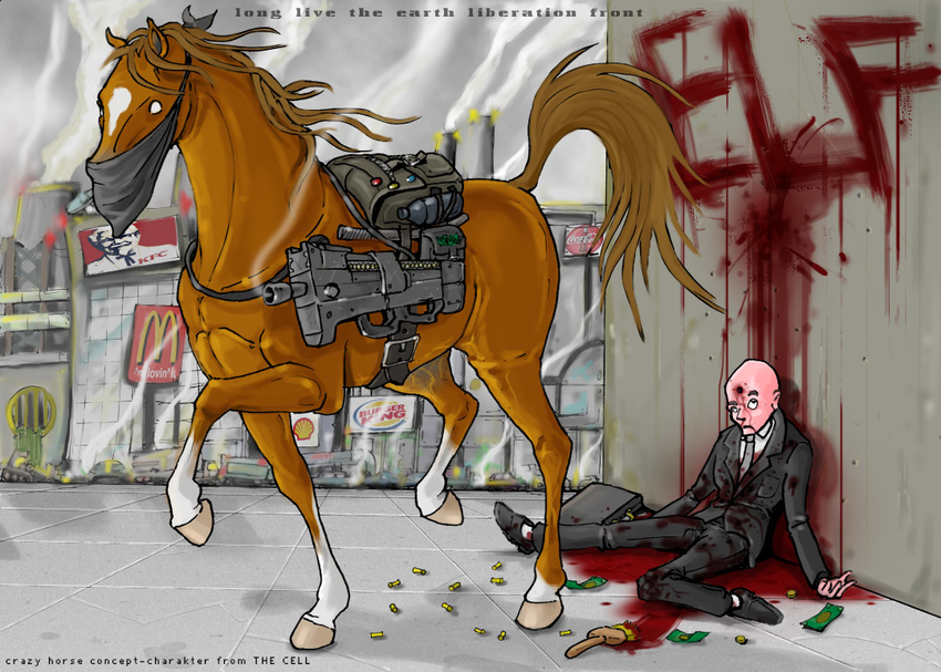 2007 backpack bald bandanna blood brown_fur bullet burger_king clothed clothing coca-cola death detailed_background digital_media_(artwork) duo empty_eyes english_text equine feral fur gore grotesque_death gun headshot hooves horse human kfc killing light_skin machine_gun male mammal mcdonalds money multicolored_fur necktie outside paintbrush quadruped ranged_weapon revolutionary_(artist) smoke suit suitcase text two_tone_fur violence walking weapon white_fur