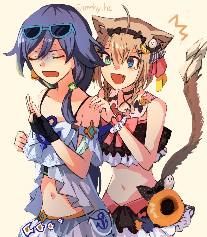 2girls animal_ears bikini black_bikini black_gloves black_skirt blue_eyes blunt_bangs breasts brown_hair camisole cat_ears cat_girl cat_tail commentary_request fingerless_gloves fu_hua fu_hua_(seagull's_soar) gloves green_eyes grey_hair heterochromia highres honkai_(series) honkai_impact_3rd medium_breasts midriff mmhy_hk multiple_girls navel official_alternate_costume pardofelis pardofelis_(midsummer_collector) see-through_clothes see-through_skirt short_hair_with_long_locks simple_background skirt small_breasts swimsuit tail white_background white_camisole white_skirt