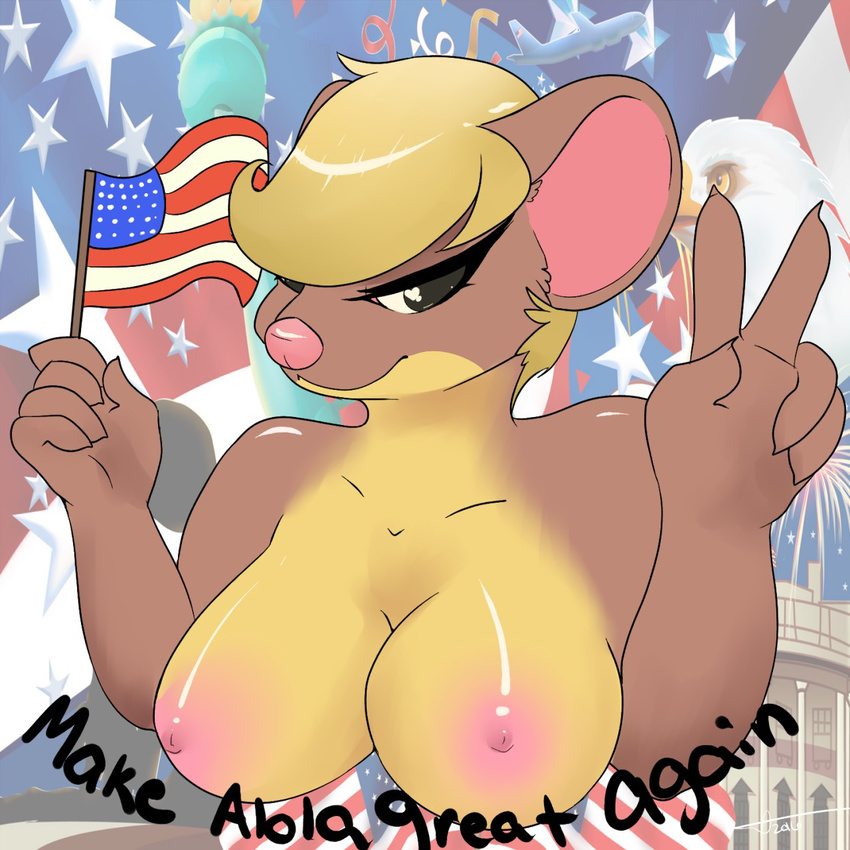 aircraft airplane anthro avian bird blonde_hair breasts brown_body brown_eyes brown_fur crossgender domieawesome donald_trump eagle female fur hair mammal nintendo nipples pink_areola pink_nipples pink_nose pok&eacute;mon stars_and_stripes statue_of_liberty united_states_of_america v_sign video_games white_house yellow_body yungoos