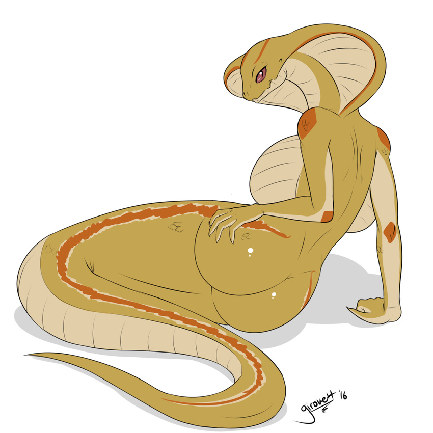 2016 anthro big_breasts big_butt black_eyes breasts brown_scales butt english_text female girokett hand_on_butt hi_res huge_breasts looking_at_viewer looking_back lying naga nude on_side rear_view red_sclera reptile scales scalie side_boob signature simple_background slit_pupils snake solo text video_games viper_(x-com) white_background x-com