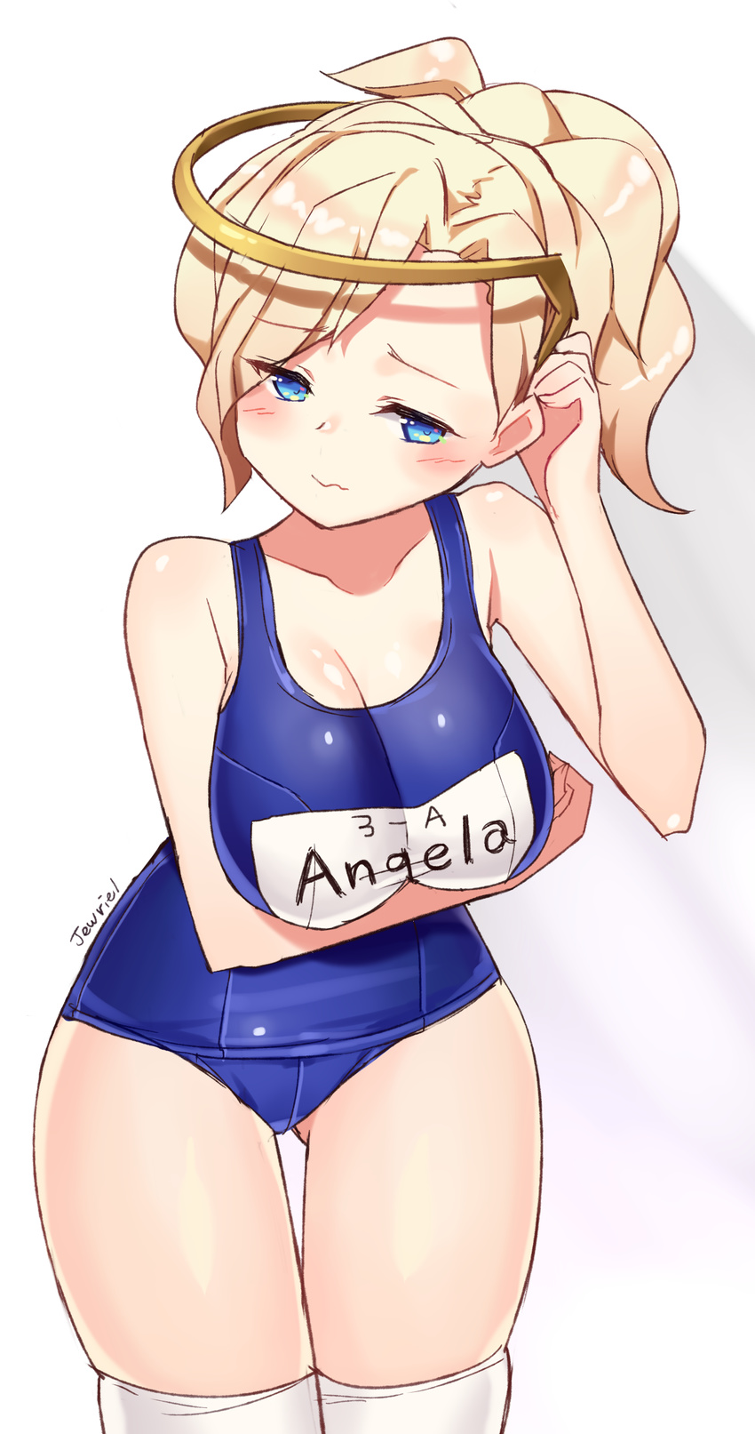 absurdres artist_name bad_id bad_pixiv_id blonde_hair blue_eyes blush breast_hold breasts character_name cleavage collarbone goyain hand_to_head head_tilt headgear highres large_breasts looking_at_viewer mechanical_halo mercy_(overwatch) name_tag one-piece_swimsuit overwatch ponytail school_swimsuit short_hair skin_tight solo swimsuit thigh_gap thighhighs white_legwear