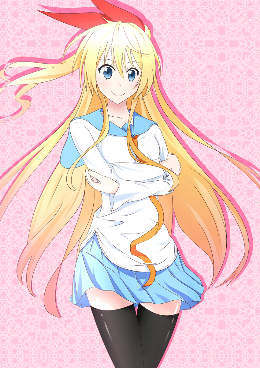 absurdres black_legwear blonde_hair blue_eyes blue_skirt collarbone crossed_arms guanghe_zuoyong_de_de_yezi hair_ornament highres kirisaki_chitoge long_hair looking_at_viewer nisekoi pleated_skirt shirt skirt smile solo thighhighs white_shirt zettai_ryouiki