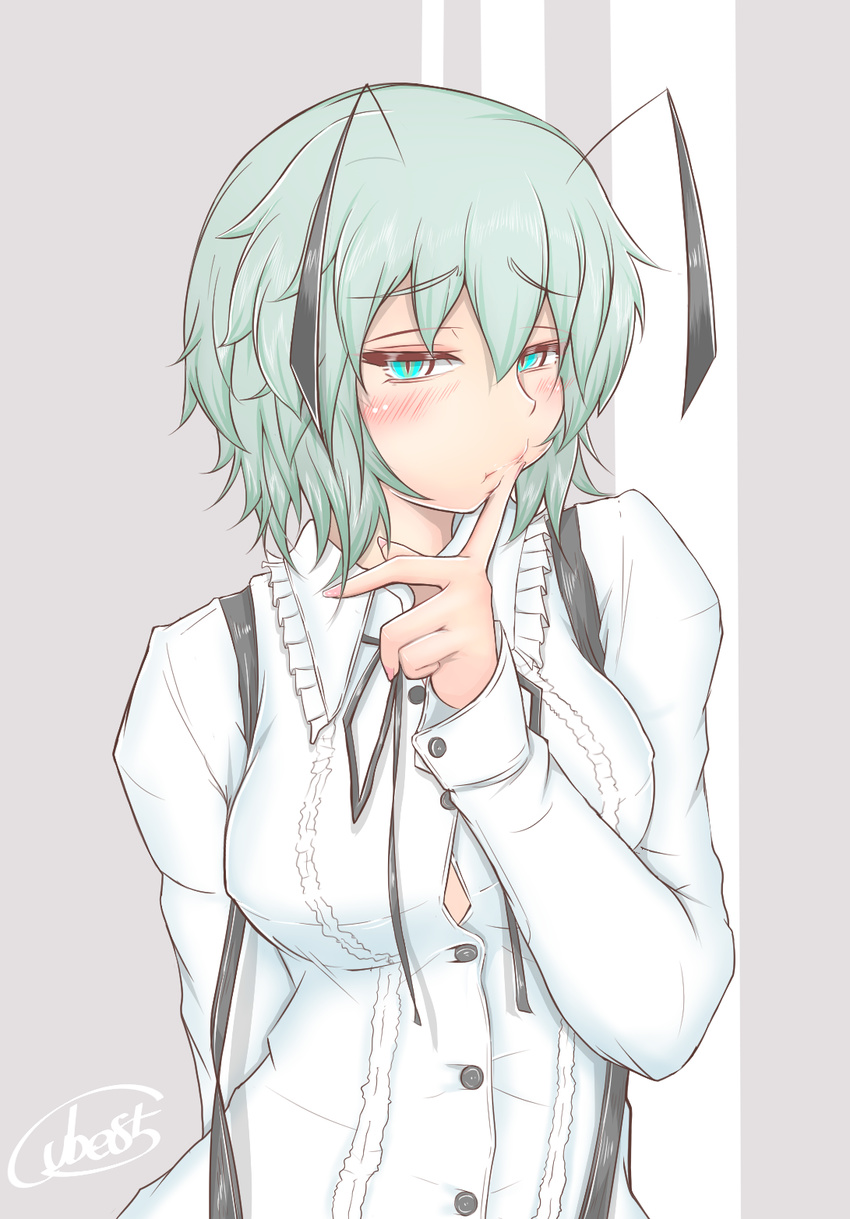 alternate_breast_size antennae aqua_eyes arm_behind_back blouse blush breasts buttons cheek_poking cube85 green_hair hair_between_eyes highres large_breasts lips long_sleeves looking_at_viewer poking short_hair signature solo suspenders touhou upper_body white_blouse wriggle_nightbug