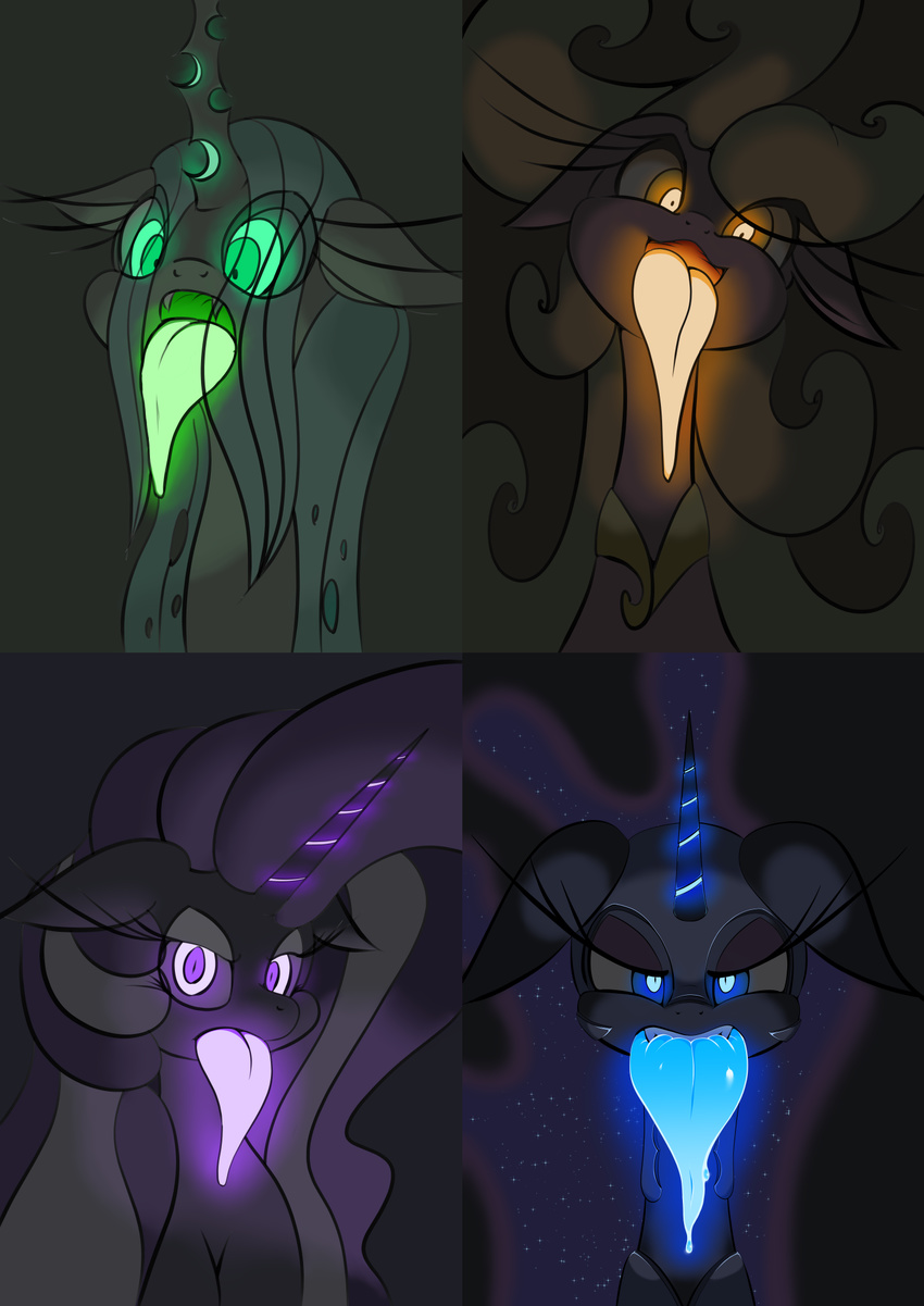 2016 armor blue_eyes changeling earth_pony equine eyelashes fangs female feral friendship_is_magic green_eyes hair half-closed_eyes helmet hi_res horn horse long_hair long_tongue looking_at_viewer mammal mane-iac_(mlp) multicolored_hair my_little_pony nightmare_moon_(mlp) nightmare_rarity_(idw) open_mouth pony queen_chrysalis_(mlp) theobrobine tongue tongue_out two_tone_hair unicorn