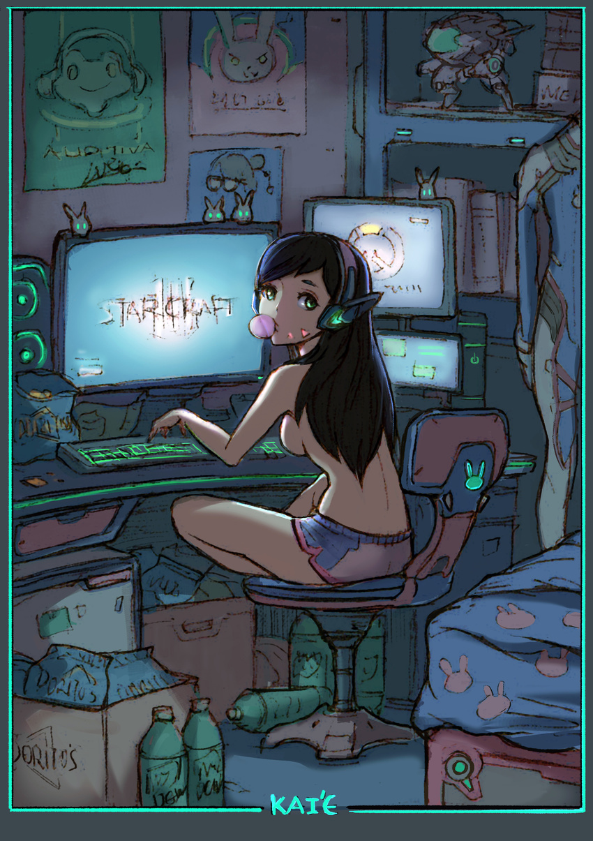 absurdres artist_name backlighting bangs bed bed_sheet bedroom black_hair bodysuit book border bottle box boyshorts breasts bubble_blowing chair chewing_gum clothes_removed computer crossed_legs d.va_(overwatch) dark desk doritos facial_mark from_behind full_body glowing green_border green_eyes headphones highres indoors kai_e keyboard_(computer) long_hair looking_at_viewer looking_back mecha medium_breasts messy model monitor mountain_dew office_chair otaku_room overwatch pilot_suit playing_games poster_(object) shelf short_shorts shorts signature sitting sketch solo speaker starcraft swept_bangs topless whisker_markings