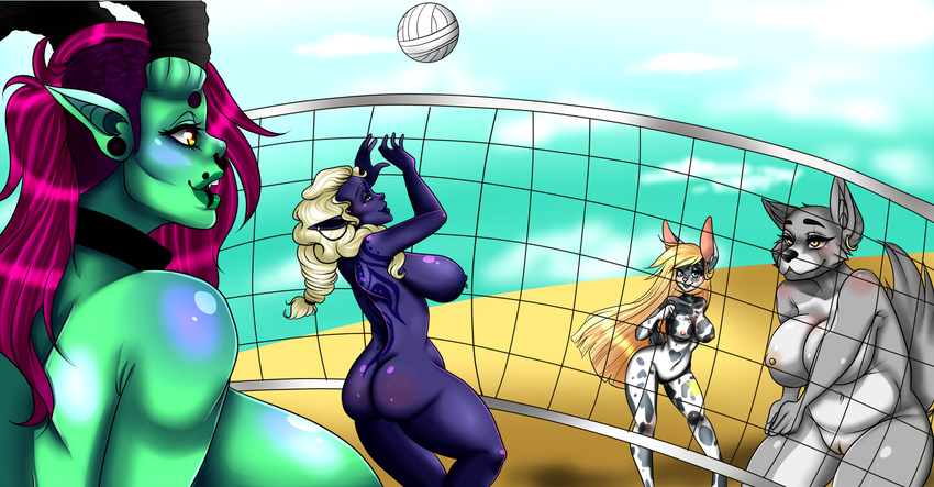 ball beach big_breasts biisumonster blonde_hair blue_eyes breasts canine demon ear_piercing elf faldarea group hair huge_breasts humanoid jewelry lagomorph mammal nipple_piercing nipples piercing pussy rabbit riake seaside sport tattoo volleyball wolf yellow_eyes