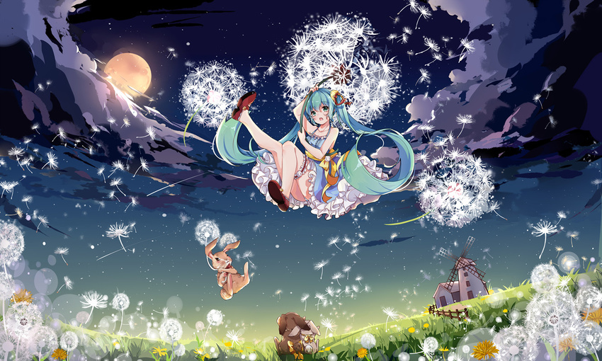 aqua_hair bunny cloud dandelion dandelion_seed dress fence floating flower full_body full_moon grass green_eyes hatsune_miku long_hair minigirl moon natie_(latte) open_mouth panties sky striped striped_panties twintails underwear very_long_hair vocaloid windmill wooden_fence