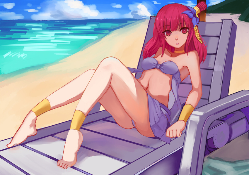 ankle_cuffs anklet barefoot beach bikini collar feet flower hair_flower hair_ornament jewelry long_hair looking_at_viewer magi_the_labyrinth_of_magic morgiana navel ocean outdoors pleated_skirt purple_bikini purple_flower purple_skirt red_eyes red_hair ryuuno6 sitting skirt solo strapless strapless_bikini swimsuit