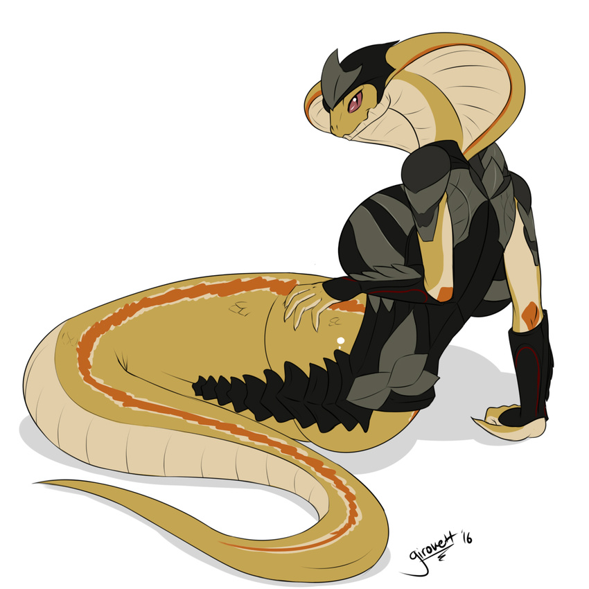 2016 anthro armor big_breasts big_butt black_eyes breasts brown_scales butt clothed clothing english_text female girokett hand_on_butt hi_res huge_breasts looking_at_viewer looking_back lying naga on_side rear_view red_sclera reptile scales scalie side_boob signature simple_background slit_pupils snake solo text video_games viper_(x-com) white_background x-com