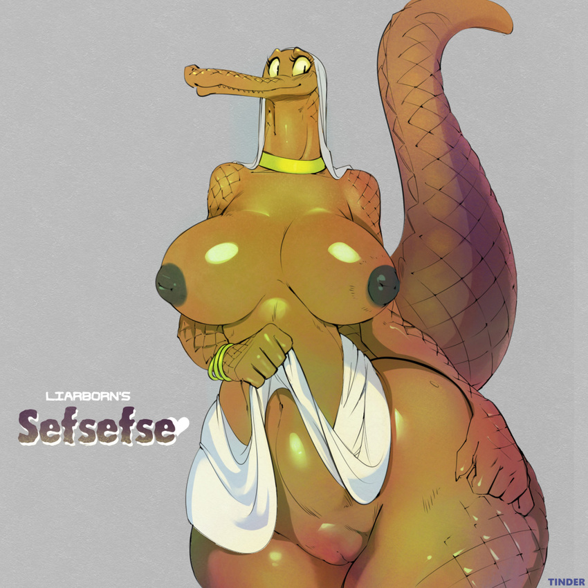 anthro big_breasts bracelet breasts crocodile crocodilian female huge_breasts jewelry nipples pussy reptile scalie sefsefse smile solo tinder wide_hips