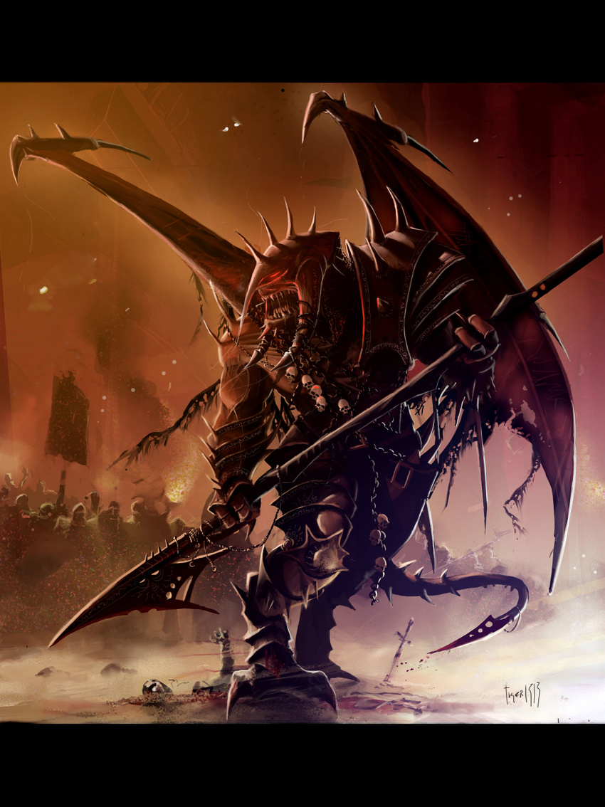 armor banner chain demon demon_tail demon_wings fire giant glaive helmet highres horns king_alastor male_focus muscle no_humans painkiller_(game) red_eyes sapunman sharp_teeth skull sword tail teeth weapon wings