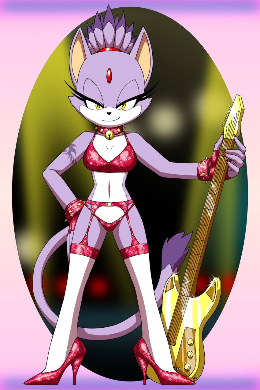 amber_eyes bell blaze_the_cat bra clothing collar crovirus fingerless_gloves footwear garter_belt garter_straps gloves guitar high_heels legwear looking_at_viewer musical_instrument panties smile sonic_(series) spiked_collar stockings tattoo underwear