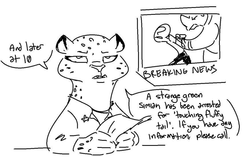 anon anthro clothed clothing dialogue disgusted english_text fabienne_growley fangs feline female fur human leopard looking_at_viewer male mammal monochrome news news_anchor nobody_(artist) police rhinoceros snow_leopard solo_focus spots spotted_fur text