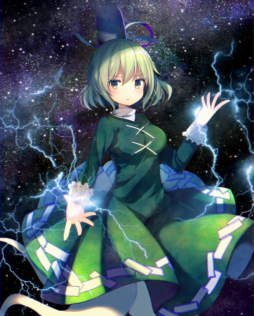 &gt;:( blush breasts commentary_request dress electricity frown ghost_tail green_dress green_eyes green_hair hat highres japanese_clothes koto_seori long_sleeves looking_at_viewer medium_breasts ofuda short_hair sky soga_no_tojiko solo star star_(sky) starry_background starry_sky tate_eboshi touhou v-shaped_eyebrows