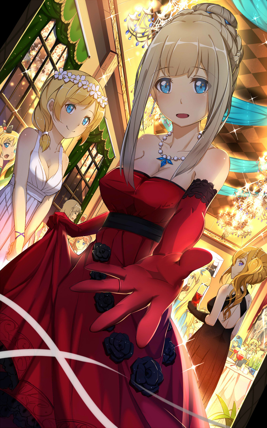 alternate_costume alternate_hairstyle andrea_doria_(zhan_jian_shao_nyu) bad_id bad_pixiv_id bare_shoulders bismarck_(zhan_jian_shao_nyu) black_dress black_flower black_rose blonde_hair blue_eyes braid breasts chandelier cleavage crown_braid cup dress drink drinking_glass dutch_angle earrings elbow_gloves flower foreshortening gloves glowworm_(zhan_jian_shao_nyu) gown hair_up hands_together highres javelin_(zhan_jian_shao_nyu) jewelry lexington_(zhan_jian_shao_nyu) long_hair looking_at_viewer looking_back lu" medium_breasts multiple_girls necklace open_mouth outstretched_arm quincy_(zhan_jian_shao_nyu) red_dress red_gloves richelieu_(zhan_jian_shao_nyu) rodney_(zhan_jian_shao_nyu) rose saratoga_(zhan_jian_shao_nyu) side_ponytail sidelocks smile solo_focus sparkle strapless strapless_dress table tirpitz_(zhan_jian_shao_nyu) twintails v_arms white_dress wine_glass wreath zhan_jian_shao_nyu