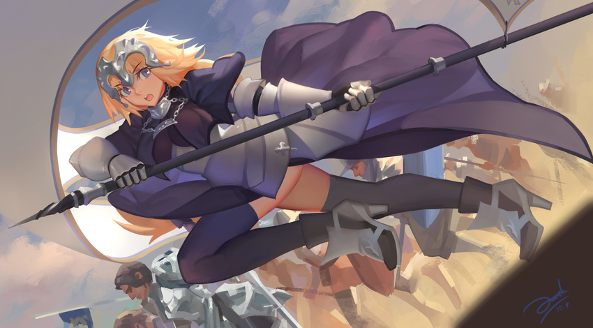 armor bianyuanqishi blonde_hair breasts brown_hair cape caster_(fate/zero) fate/apocrypha fate_(series) gilles_de_rais_(fate/grand_order) highres jeanne_d'arc_(fate) jeanne_d'arc_(fate)_(all) large_breasts looking_at_viewer multiple_boys open_mouth short_hair solo_focus standard_bearer thighhighs waist_cape