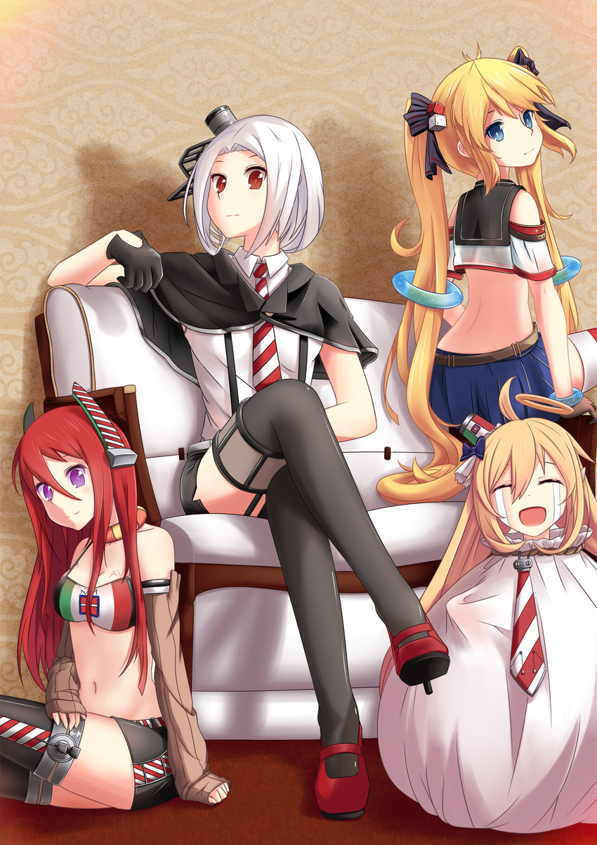:d andrea_doria_(zhan_jian_shao_nyu) aviere_(zhan_jian_shao_nyu) bag black_gloves black_legwear black_skirt blonde_hair blue_eyes body_writing brown_gloves bustier camicia_nera_(zhan_jian_shao_nyu) capelet closed_eyes collar couch crossed_legs crying detached_sleeves dice garter_straps gloves hair_between_eyes hair_ribbon halo headgear highres italian_flag italy long_hair looking_at_viewer looking_back lux_(pixiv4480548) midriff miniskirt multiple_girls necktie open_mouth purple_eyes red_eyes red_hair remodel_(zhan_jian_shao_nyu) ribbon sailor_collar short_hair sitting skirt sleeves_past_wrists smile streaming_tears striped striped_neckwear suspenders tears thighhighs very_long_hair vittorio_veneto_(zhan_jian_shao_nyu) white_hair zhan_jian_shao_nyu