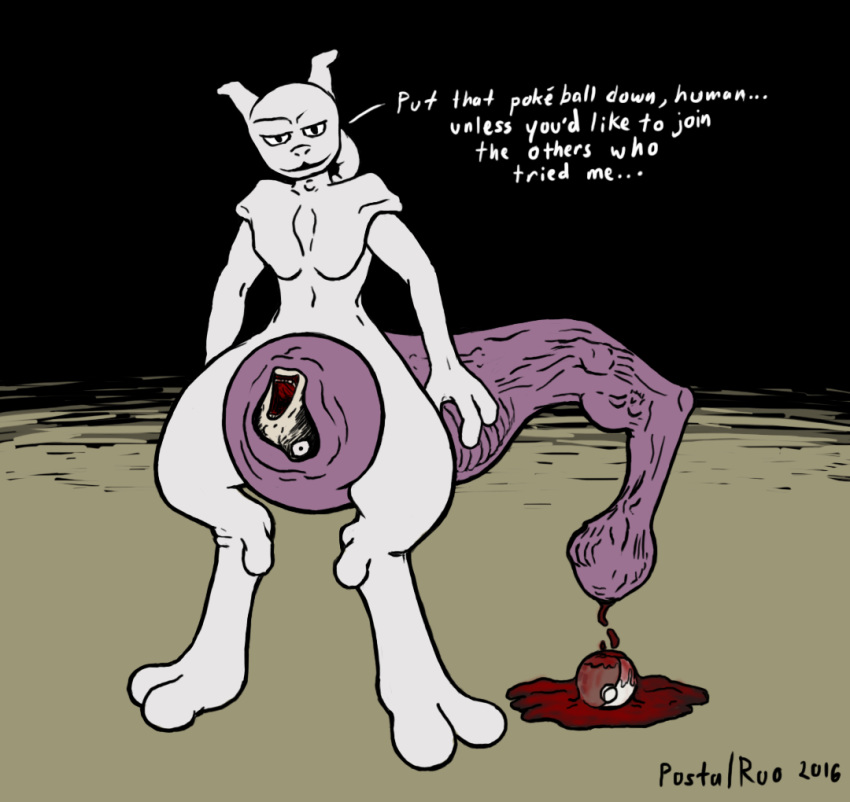 2016 absorption_vore ambiguous_gender anthro black_background blood death dialogue digestion human invalid_tag legendary_pok&eacute;mon mammal mewtwo nightmare_fuel nintendo pok&eacute;ball pok&eacute;mon pok&eacute;mon_(species) postalroo signature simple_background solo tail_vore text video_games vore what why