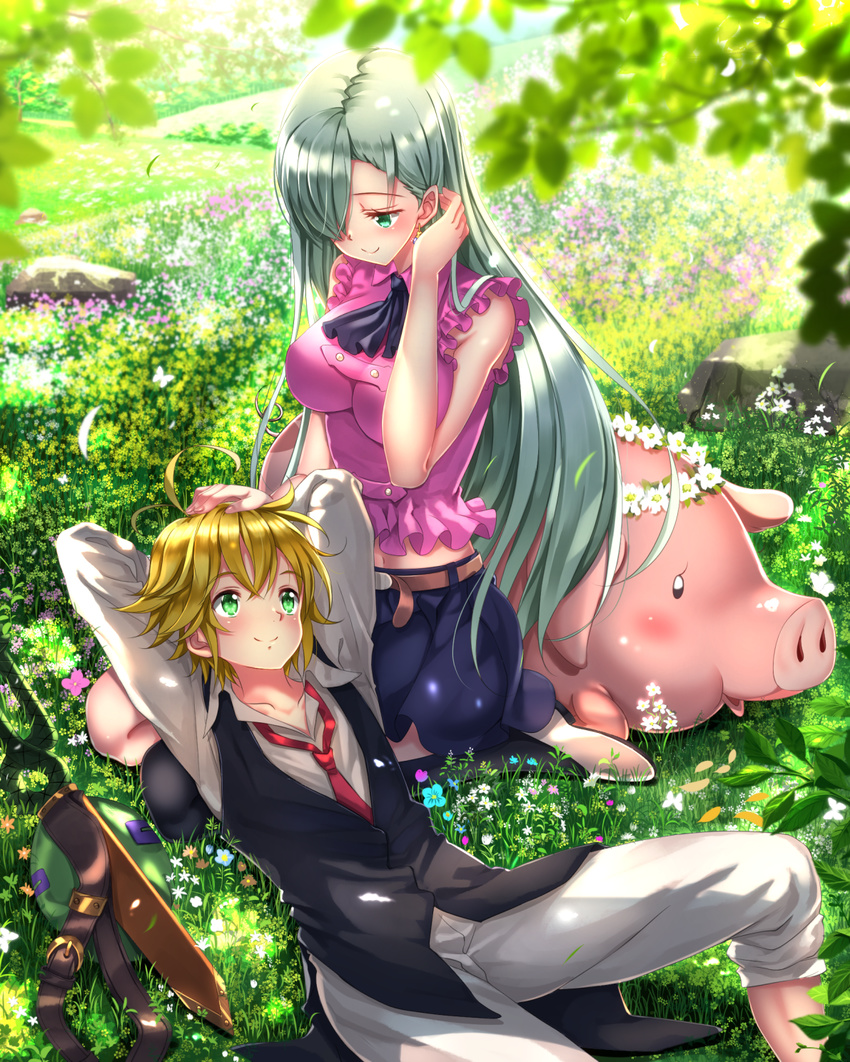 1girl adjusting_hair ahoge animal arms_up bag blonde_hair blue_eyes blush earrings elizabeth_liones flower grass green_eyes hair_over_one_eye hand_on_another's_head hawk_(nanatsu_no_taizai) highres hill jewelry lap_pillow long_hair looking_at_another meliodas nanatsu_no_taizai pig short_hair silver_hair sitting skirt smile swordsouls wariza