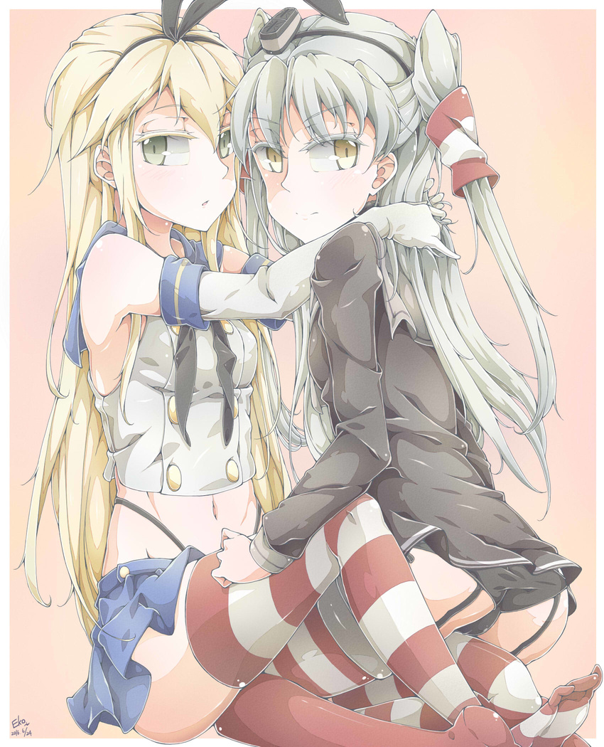 amatsukaze_(kantai_collection) arms_around_neck artist_name black_panties blonde_hair border bow commentary crop_top dated detached_sleeves dress elbow_gloves eyebrows eyebrows_visible_through_hair falco_arrow gloves green_eyes grey_hair hair_bow hair_tubes headgear highleg highleg_panties highres hug kantai_collection kneeling light_smile long_hair long_sleeves looking_at_viewer midriff multiple_girls navel panties pantyshot pantyshot_(kneeling) parted_lips pink_background red_legwear sailor_collar sailor_dress shimakaze_(kantai_collection) shoes_removed side-tie_panties sitting skirt sleeveless straddling striped striped_legwear thighhighs two_side_up underwear upright_straddle white_border yellow_eyes yuri