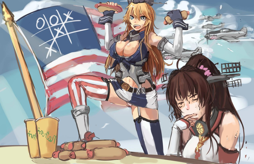 aircraft airplane american_flag arms_up bare_shoulders black_vest blonde_hair blue_eyes blue_sky breasts cleavage closed_eyes cloud day eating eating_contest elbow_gloves flag gloves headgear hot_dog iowa_(kantai_collection) kantai_collection large_breasts long_hair multiple_girls navel panties_(pantsu-pirate) ponytail shirt sky sleeveless sleeveless_shirt standing star star-shaped_pupils stomach symbol-shaped_pupils table tic-tac-toe very_long_hair vest white_gloves white_shirt wrist_cuffs yamato_(kantai_collection)