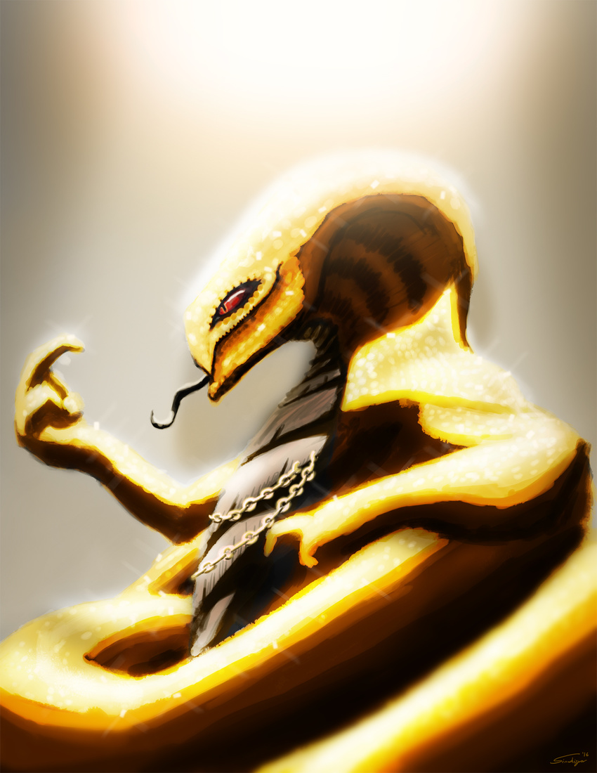 2016 abstract_background anthro beckoning black_tongue chain depth_of_field digital_media_(artwork) gold_chain gold_scales lens_flare light lounging male nadar naga piercing red_eyes reptile scalie signature sinwhisper smile snake solo sparkling tagme tongue tongue_out warm
