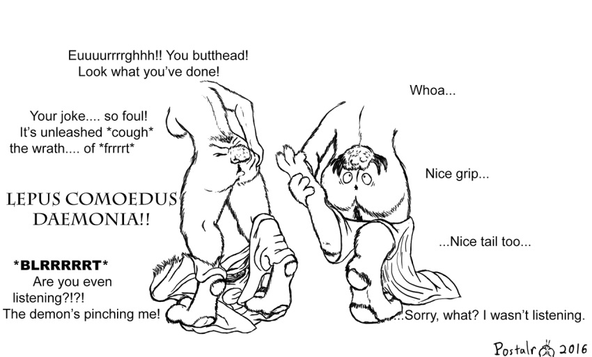 2016 buttface dialogue duo fart human lagomorph male mammal monochrome postalroo rabbit sequence signature simple_background text transformation udtf what white_background