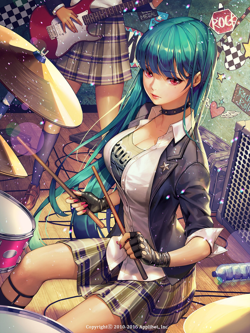 2010 2015 aqua_hair black_gloves black_legwear breasts brown_footwear cleavage closed_mouth clothes_writing collar collarbone collared_shirt company_name dress_shirt drum drum_set electric_guitar english fingerless_gloves furyou_michi_~gang_road~ gloves green_hair guitar heart highres holding instrument kneehighs lens_flare loafers long_hair medium_breasts number plaid plaid_skirt pleated_skirt red_eyes shirt shoes sitting skirt solo_focus soo_kyung_oh speaker spiked_collar spikes standing very_long_hair watermark wing_collar wooden_floor