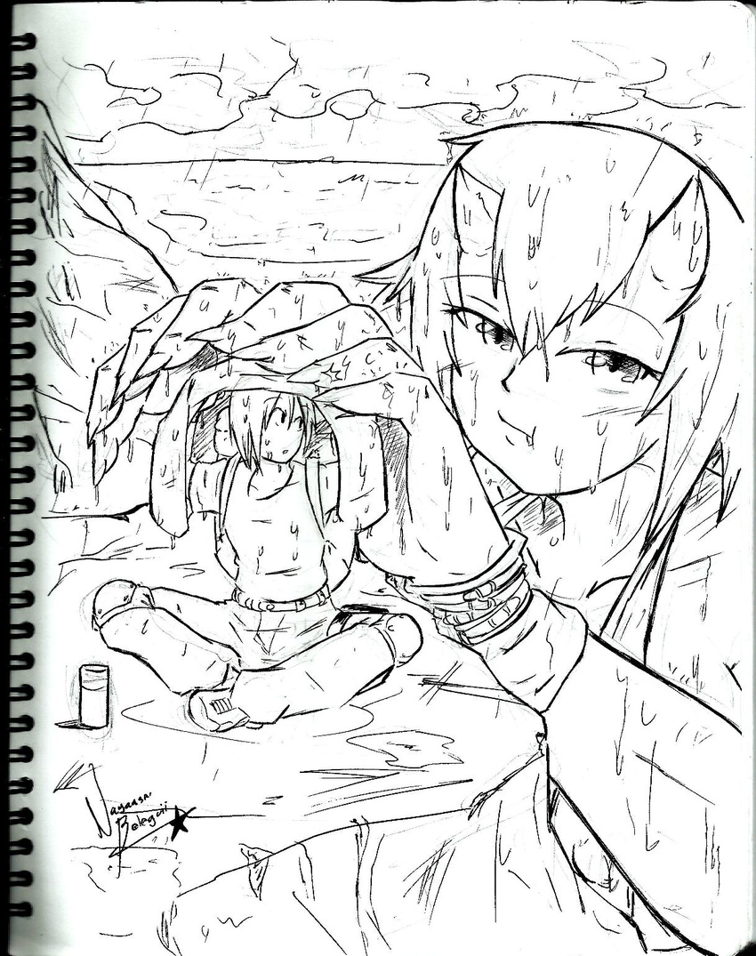 1girl claws giantess gigantes_(monster_musume) greyscale highres horns monochrome monster_girl monster_musume_no_iru_nichijou nayaase_beleguii pout rain signature sitting size_difference sketch traditional_media wet wrist_cuffs