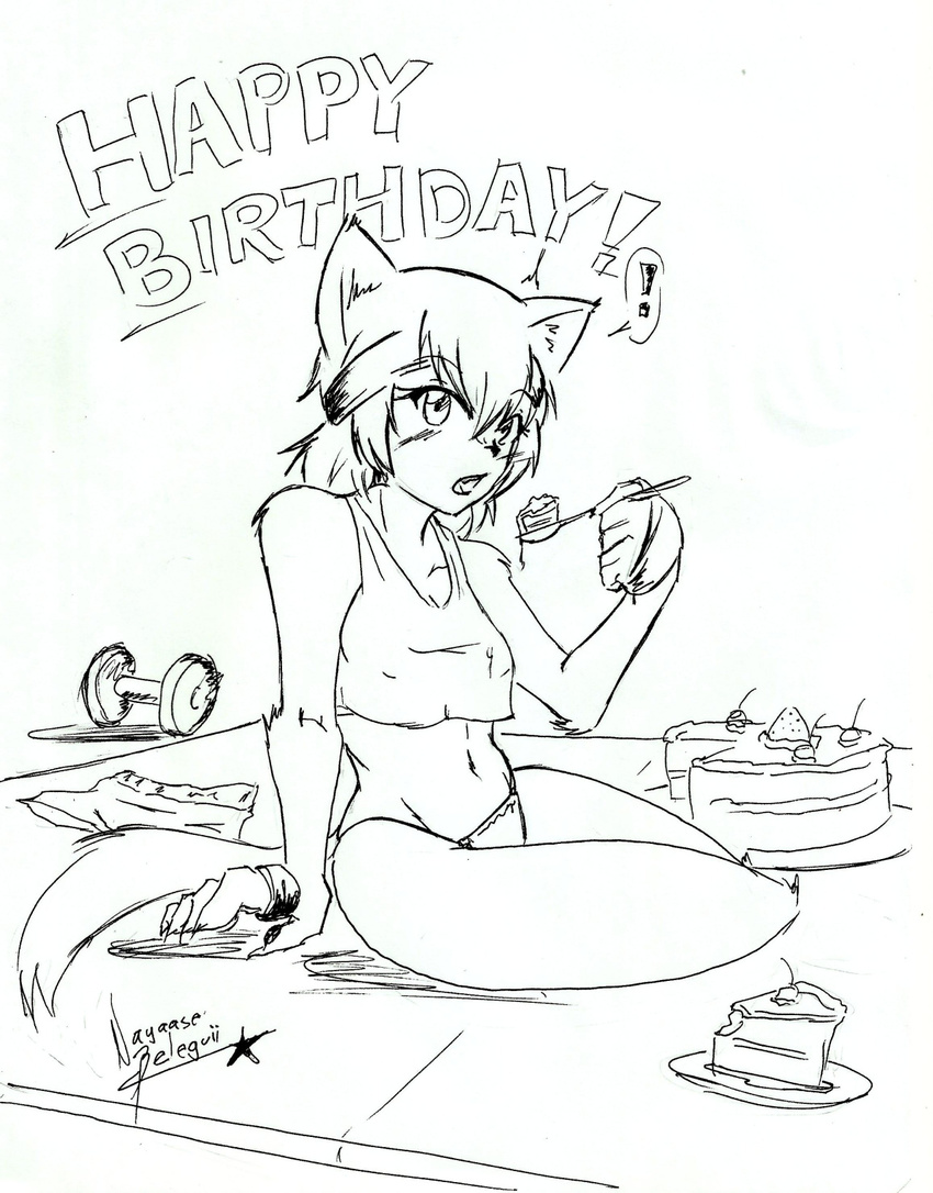 ! 1girl animal_ears birthday_cake cake claws dog_ears dog_tail dumbbell eating food fur happy_birthday highres kobold monochrome monster_girl monster_musume_no_iru_nichijou navel nayaase_beleguii open_mouth panties polt shadow shorts_removed signature sitting sketch solo speech_bubble spoken_exclamation_mark spoon tail tank_top traditional_media underwear underwear_only