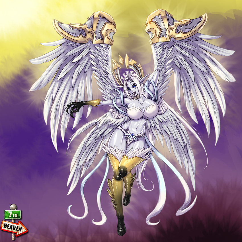 7th-heaven armor avian big_breasts blue_eyes breasts claws cleavage clothed clothing facial_markings feathered_wings feathers female hair harpy humanoid markings monster_girl pale_skin pointy_ears pose skimpy solo talons voluptuous white_feathers white_hair winged_humanoid wings