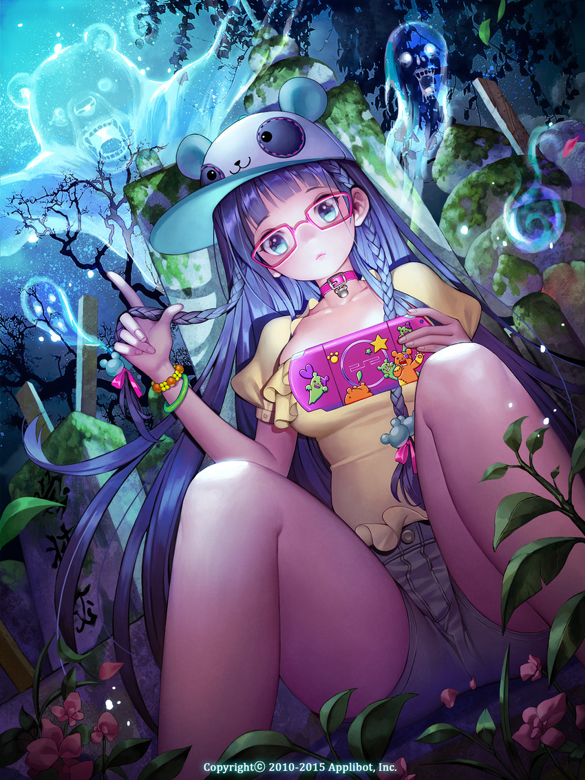 2010 2015 :3 animal_hat artstation_sample baseball_cap bear blue_eyes braid closed_mouth collar company_name dutch_angle english flower frown furyou_michi_~gang_road~ ghost glasses grave handheld_game_console hat highres holding image_sample leaf long_hair night number open_mouth outstretched_arms playstation_portable puffy_short_sleeves puffy_sleeves purple_hair red-framed_eyewear shirt short_sleeves shorts sitting soo_kyung_oh spirits tree twin_braids very_long_hair watermark yellow_shirt