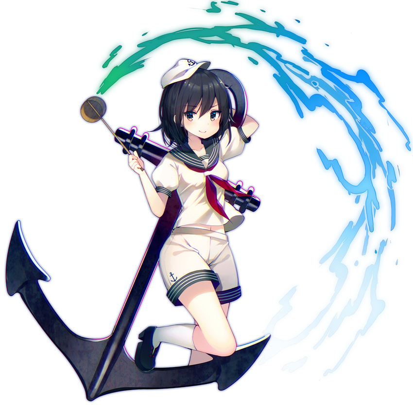 absurdres anchor anchor_symbol arm_behind_head arm_up black_hair blush brown_eyes commentary_request hat highres hishaku koto_seori leg_up loafers looking_at_viewer murasa_minamitsu navel neckerchief puffy_short_sleeves puffy_sleeves sailor sailor_hat shoes short_hair short_sleeves shorts smile socks solo touhou water white_legwear