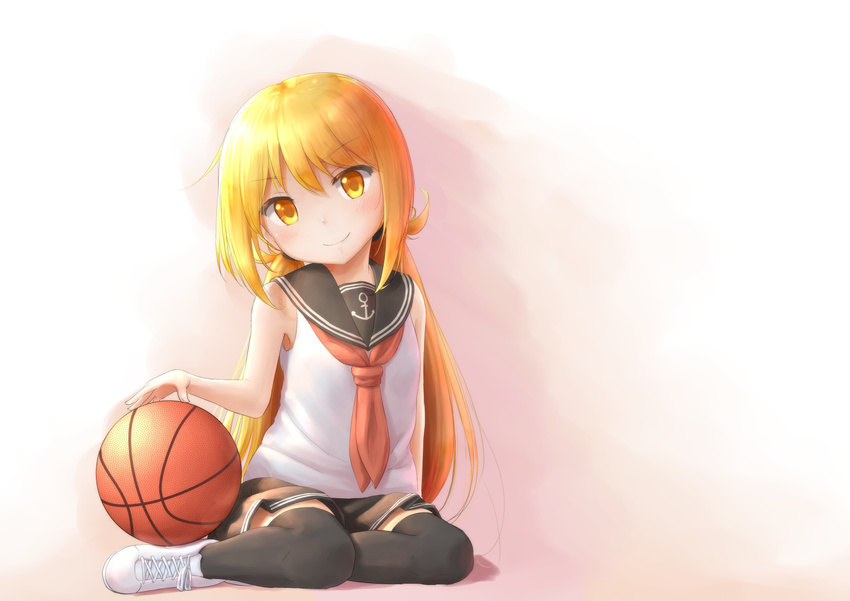 adapted_costume akatsuki_(kantai_collection) akatsuki_(kantai_collection)_(cosplay) anchor_symbol bare_arms bare_shoulders basketball black_legwear blonde_hair cosplay highres kantai_collection long_hair looking_at_viewer low_twintails neckerchief satsuki_(kantai_collection) school_uniform serafuku shoes simple_background sitting skirt sleeveless smile sneakers solo thighhighs twintails wamu_(chartreuse) yellow_eyes zettai_ryouiki