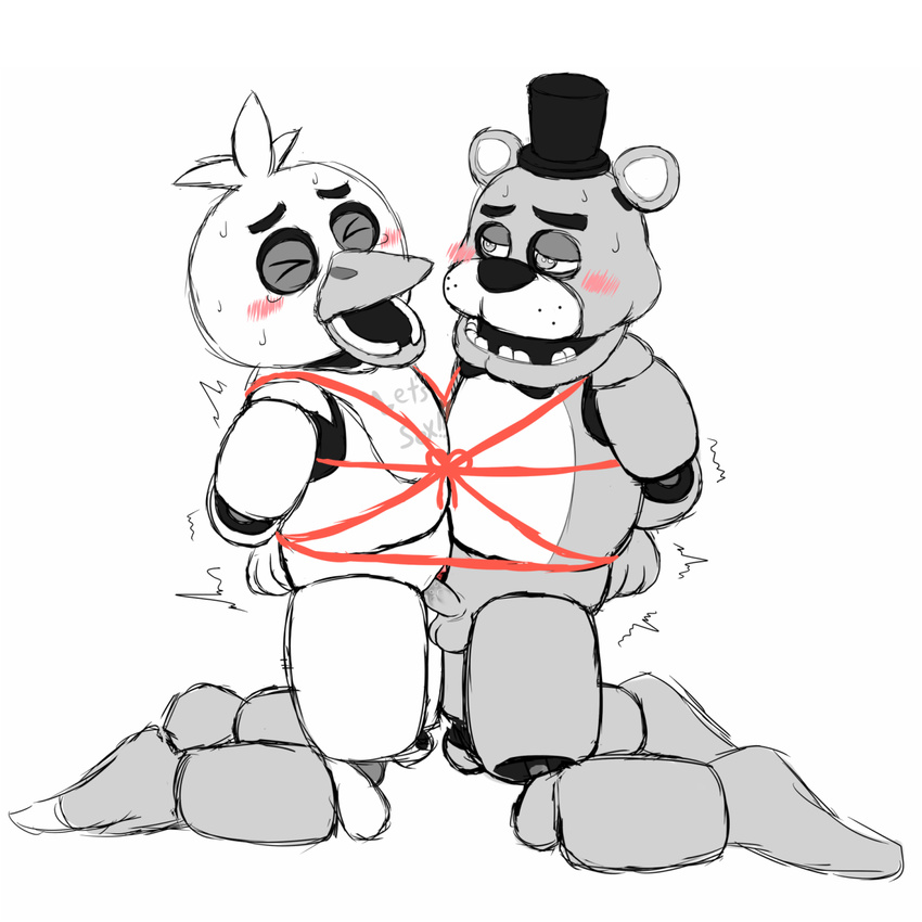 balls bdsm blush bondage bound chica_(fnaf) eyes_closed female five_nights_at_freddy's freddy_(fnaf) hat headwear kneeling male male/female menta_(artist)1 monochrome penetration penis pussy simple_background tagme testis video_games