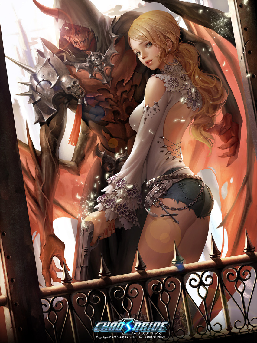 2010 2014 artstation_sample bangs belt black_eyes blonde_hair breasts chaos_drive company_name copyright_name demon demon_wings dutch_angle earrings english gun handgun highres holding holding_gun holding_weapon hood horn image_sample jewelry lens_flare long_sleeves low_ponytail number pistol ponytail railing shirt short_shorts shorts soo_kyung_oh spikes standing swept_bangs watermark wavy_hair weapon white_shirt wings yellow_eyes