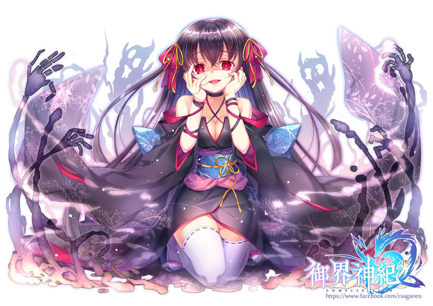 bare_shoulders black_hair breasts capura_lin cleavage collarbone complex_saga copyright_name floral_print full_body hair_ribbon hands_on_own_cheeks hands_on_own_face head_tilt japanese_clothes kimono kimono_skirt kneeling long_hair looking_at_viewer medium_breasts obi open_mouth red_eyes red_ribbon ribbon ribbon-trimmed_legwear ribbon_trim sandals sash shaded_face solo thighhighs very_long_hair watermark web_address white_background white_legwear yandere_trance