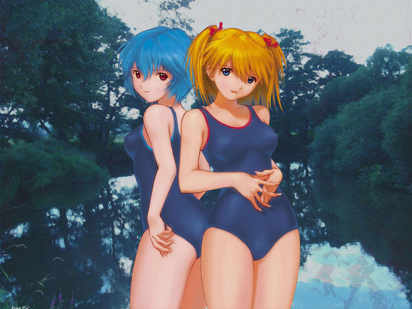 ayanami_rei blue_eyes blue_hair highres kobayashi_yuuji multiple_girls neon_genesis_evangelion red_eyes red_hair ribbon school_swimsuit souryuu_asuka_langley swimsuit