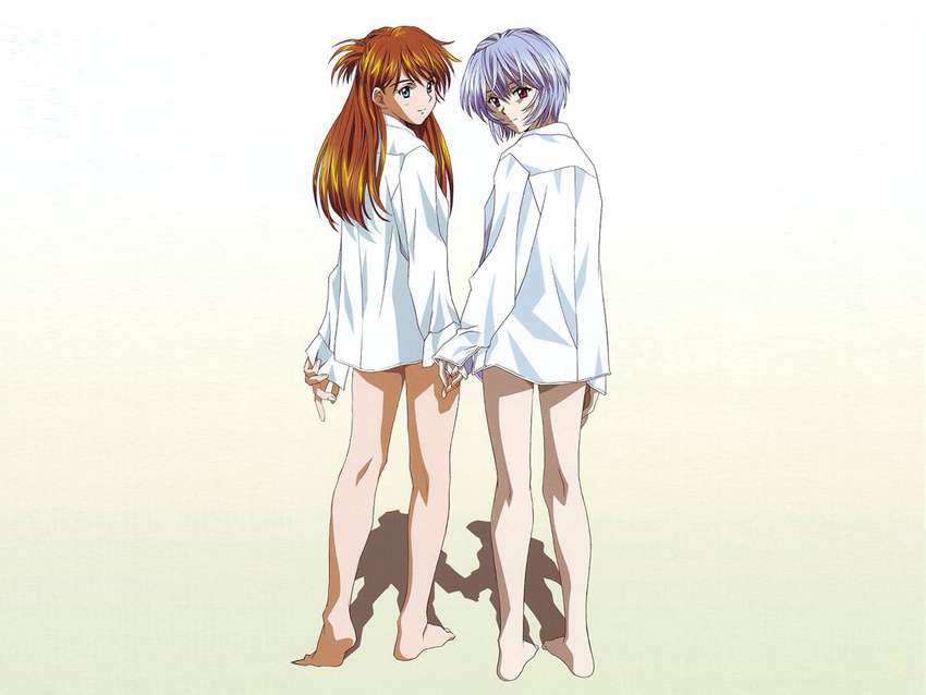 2girls ayanami_rei hand_holding henreikai highres kawarajima_koh kawarajima_kou multiple_girls naked_shirt neon_genesis_evangelion shirt soryu_asuka_langley souryuu_asuka_langley yuri