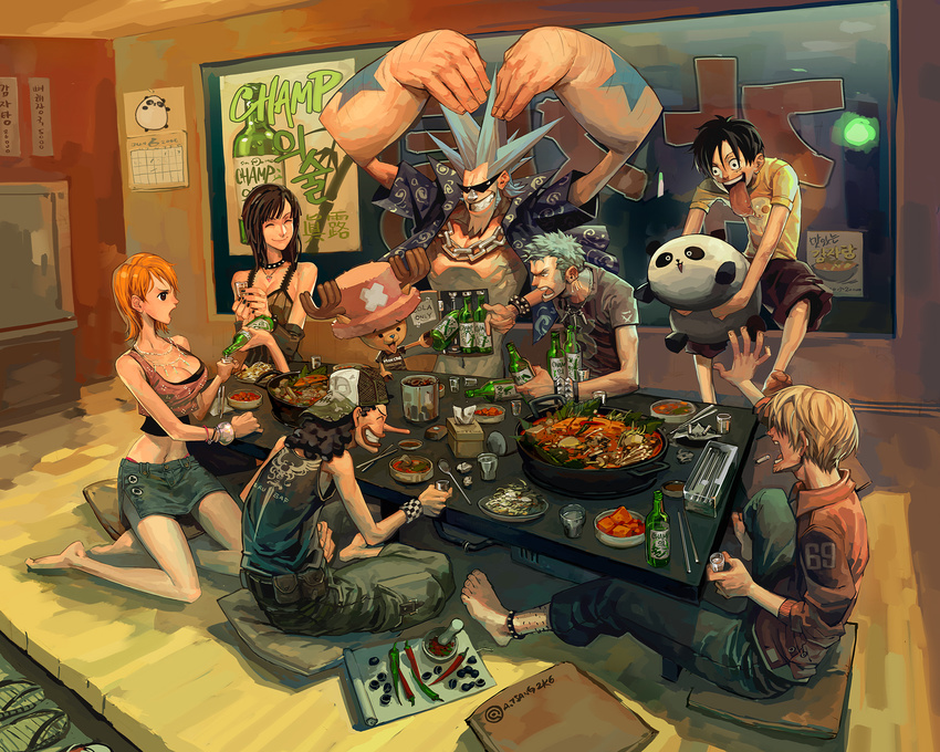 6+boys :p alternate_hairstyle animal arm_warmers arnold_tsang bangle black_hair blonde_hair blue_hair bracelet breasts chili choker cleavage closed_eyes collar denim detached_sleeves drinking earrings eating everyone food franky glass glasses green_hair hat highres jeans jewelry korean large_breasts long_hair long_sleeves medium_breasts monkey_d_luffy multiple_boys multiple_girls nami_(one_piece) necklace nico_robin one_piece orange_hair panda pants pink_hat roronoa_zoro sanji shirt short_hair skirt smile spiked_collar spiked_hair spikes sunglasses tissue_box tongue tongue_out tony_tony_chopper top_hat translated udon_entertainment usopp wrist_cuffs