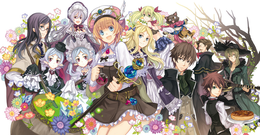 6+girls aranya_(atelier) astrid_zexis atelier_(series) atelier_rorona bad_id bad_pixiv_id belt blonde_hair blue_eyes blue_hair bonnet brown_hair cape cat cauldron cuderia_von_feuerbach everyone flask flower food frills gathers glasses green_eyes green_hair hat hom_(atelier) horoholo_(atelier) iksel_jahnn instrument light_particles lionela_heinze ludwig_giovanni_arland lute_(instrument) multiple_boys multiple_girls open_mouth osamu_(jagabata) pamela_ibiss purple_eyes purple_hair rororina_fryxell round-bottom_flask smile staff sterkenburg_cranach tree tristan_alcock twintails waiter