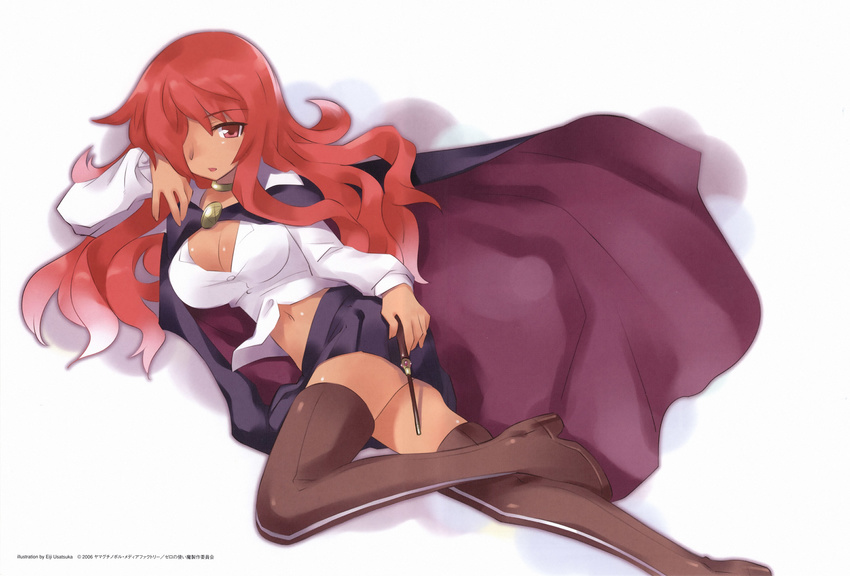 boots breasts cape cleavage dark_skin highres kirche_augusta_frederica_von_anhalt_zerbst large_breasts long_legs midriff miniskirt pentacle red_eyes red_hair scan skirt solo thigh_boots thighhighs usatsuka_eiji wand white_background zero_no_tsukaima zettai_ryouiki