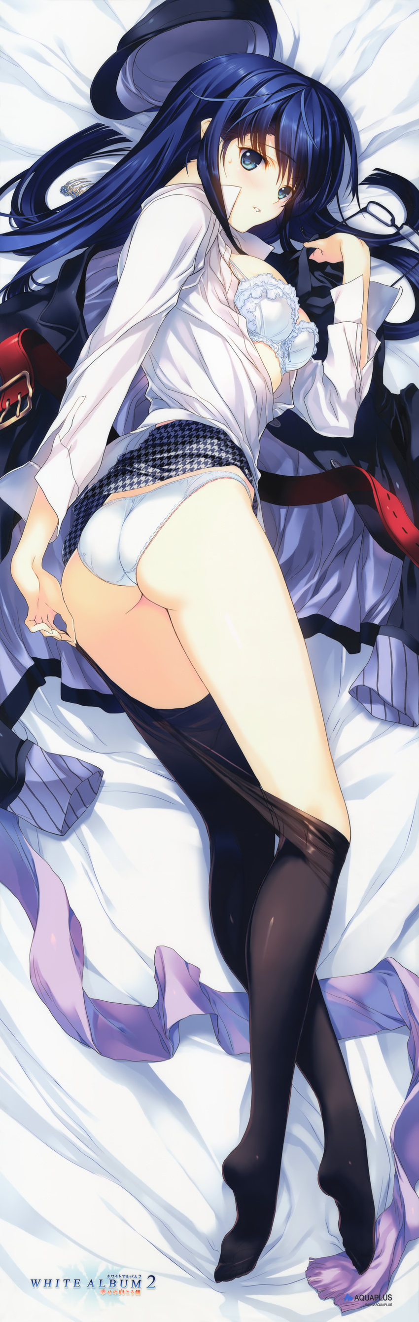 absurdres ass black_legwear blue_eyes blue_hair bra breasts dakimakura eyewear_removed full_body glasses hat hat_removed headwear_removed highres houndstooth huge_filesize long_hair long_sleeves lying medium_breasts nakamura_takeshi on_side open_clothes open_cuffs open_shirt panties pantyhose pantyhose_pull parted_lips shirt skirt skirt_lift solo sweatdrop touma_kazusa underwear white_album_2 white_bra white_panties white_shirt