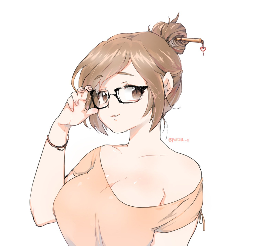 adjusting_eyewear bad_id bad_twitter_id bangs black-framed_eyewear bracelet breasts brown_eyes brown_hair brown_shirt eyebrows eyebrows_visible_through_hair glasses hair_bun hair_ornament hair_stick highres jewelry looking_at_viewer medium_breasts mei_(overwatch) overwatch panza parted_bangs shirt short_hair short_sleeves sidelocks simple_background solo twitter_username upper_body white_background