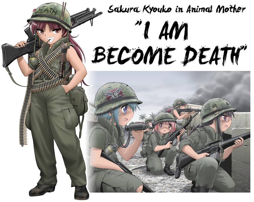 akemi_homura ammunition ammunition_belt assault_rifle binoculars boots braid brown_eyes confederate_flag engrish explosive food full_body full_metal_jacket glasses grenade grin gun hand_in_pocket helmet james_t_davis kaname_junko kaname_madoka knife long_hair looking_at_viewer m16a1 m1_helmet m60 m67 machine_gun mahou_shoujo_madoka_magica miki_sayaka military military_uniform mouth_hold multiple_girls parody pocky ranguage reverse_translation rifle sakura_kyouko shingyouji_tatsuya short_hair sleeveless smile standing uniform vietnam_war war weapon white_background