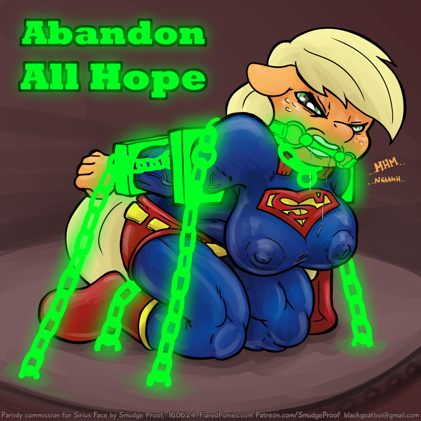 abandon_all_hope anthro anthrofied applejack_(mlp) bdsm bondage bound bridle chain cosplay crossover drooling friendship_is_magic kryptonite looking_at_viewer mouthpiece my_little_pony nipples saliva smudge_proof superman supermare