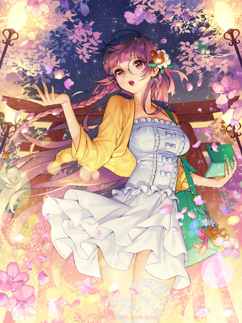 2010 2015 aqua_ribbon bag braid breasts cardigan collarbone company_name english flower furyou_michi_~gang_road~ hair_flower hair_ornament hair_ribbon handbag handheld_game_console highres holding lamppost large_breasts lens_flare long_hair night night_sky nintendo_ds number open_cardigan open_clothes open_mouth outdoors purple_hair ribbon shirt side_braid skirt sky sleeveless sleeveless_shirt solo soo_kyung_oh sparkle standing star_(sky) starry_sky teddy_bear_hair_ornament thighhighs torii twin_braids very_long_hair watermark white_legwear white_shirt white_skirt wind