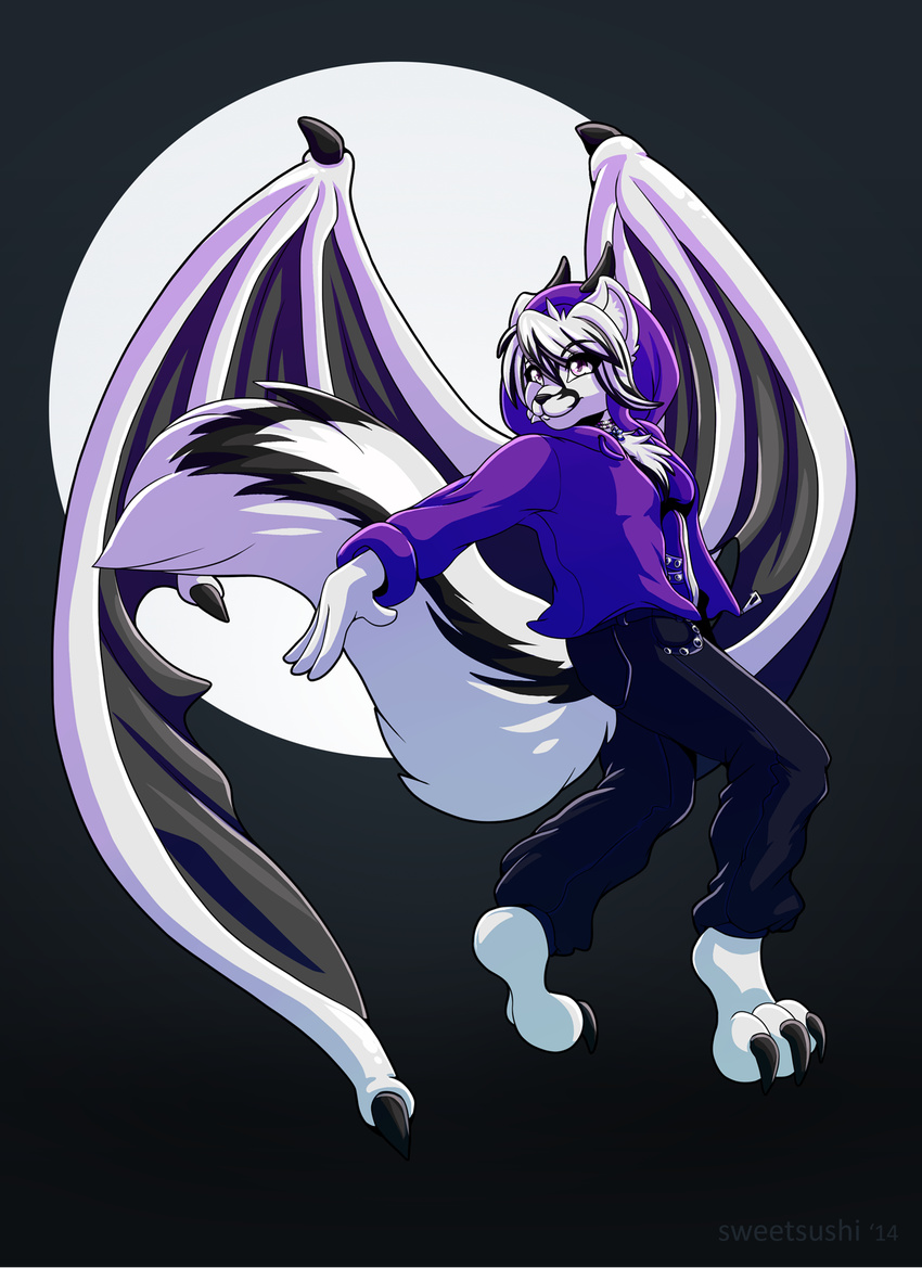 anthro clothed clothing dragon hybrid looking_at_viewer male mammal simple_background skunk smile solo standing sweetsushi wings