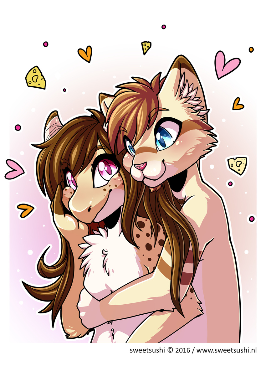 anthro breasts cute duo featureless_breasts feline female hi_res hug hybrid male mammal nude simple_background smile standing sweetsushi